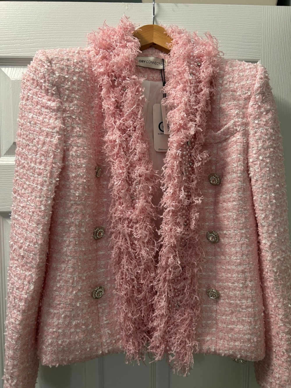 Textured Pink Bouclé Double-Breasted Blazer with Fringe Trim